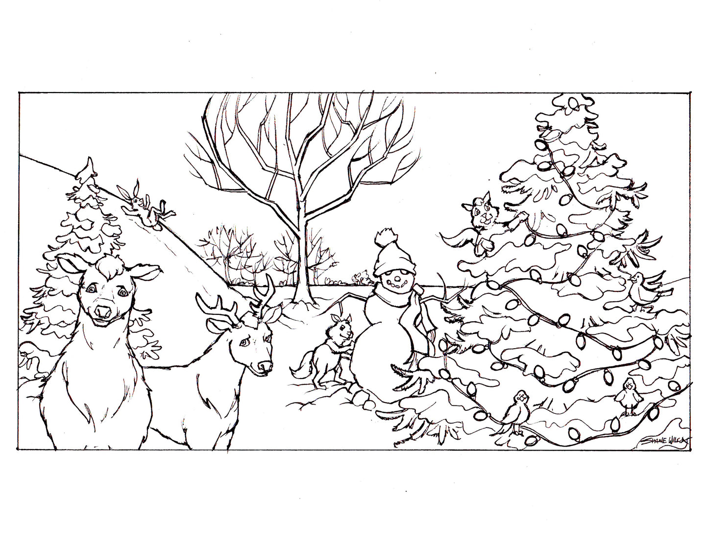 Black and white line drawing of a snowy scene with deer, a snowman, and a Christmas tree.