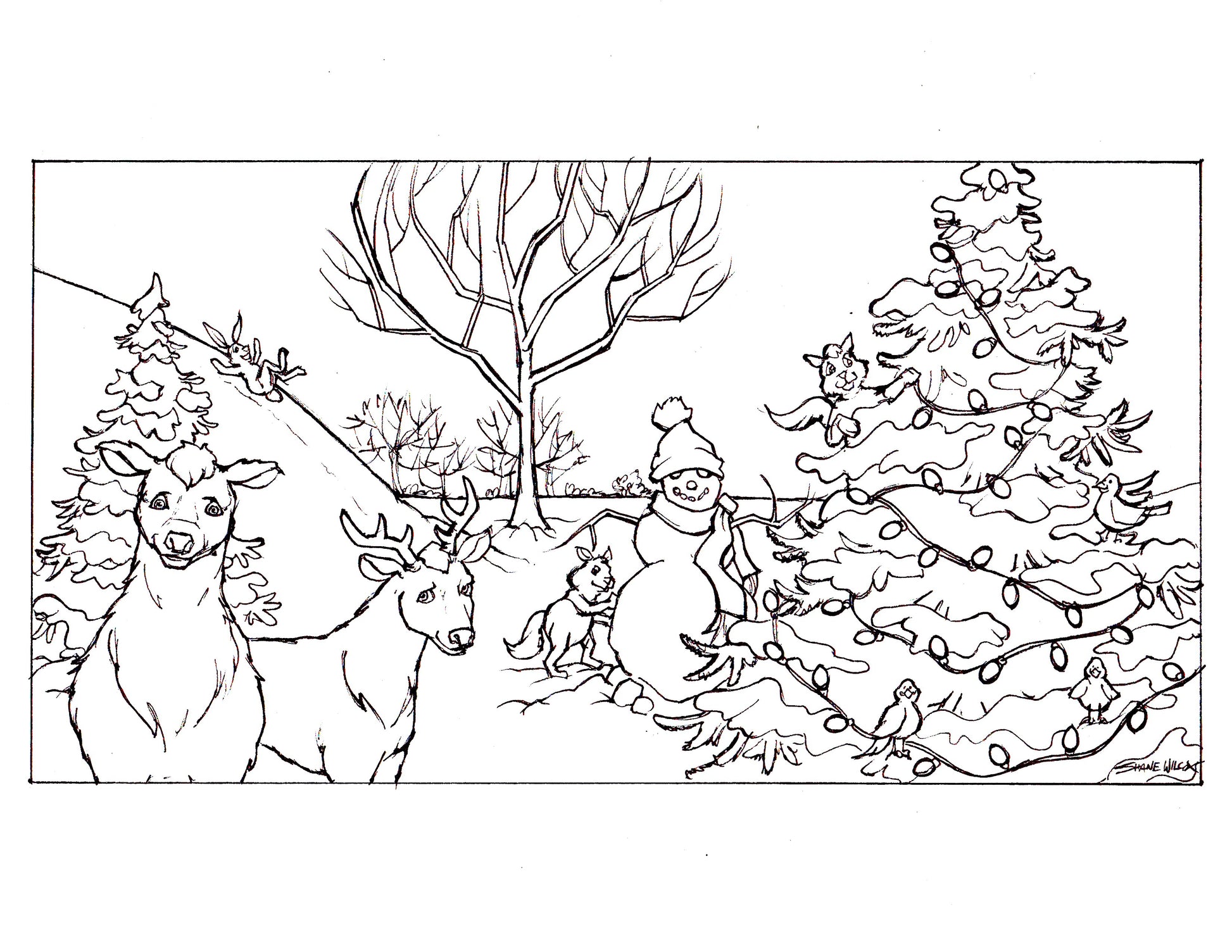 Black and white line drawing of a snowy scene with deer, a snowman, and a Christmas tree.