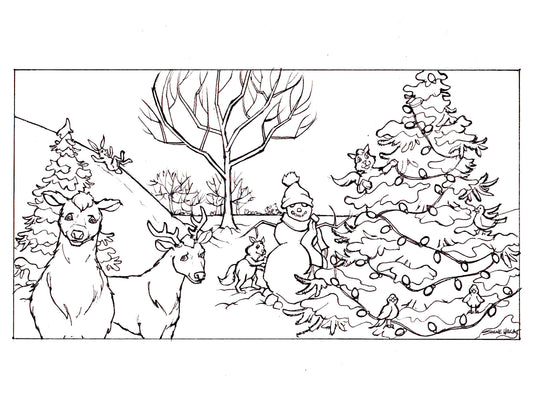 Black and white line drawing of a snowy scene with deer, a snowman, and a Christmas tree.